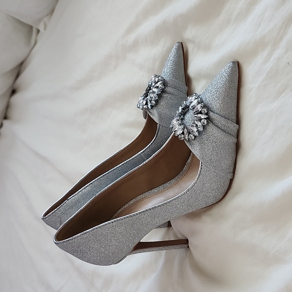 NWOT Schutz Silver Glitter Embellished Heels - Picture 2 of 5